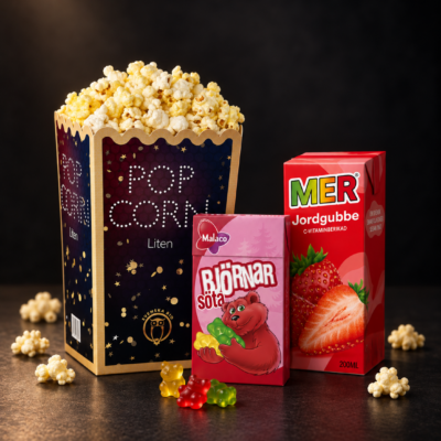 Liten popcorn, 20 cl dryck och tablettask